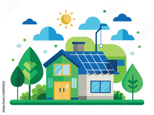 Eco smart home scene with solar panels greenery sun and clouds in a flat style