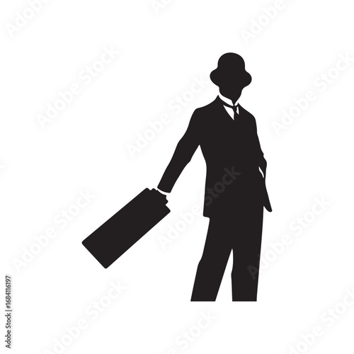 Black silhouette of a man in a suit and bowler hat holding a briefcase male person