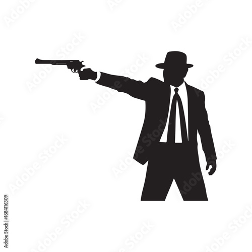 Black silhouette of a man in a suit and fedora aiming a handgun vector