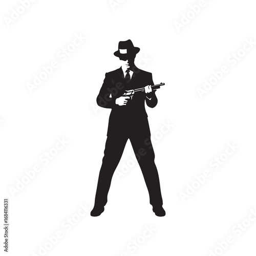 Black silhouette of a man in a suit and fedora holding a pistol black and white gangster