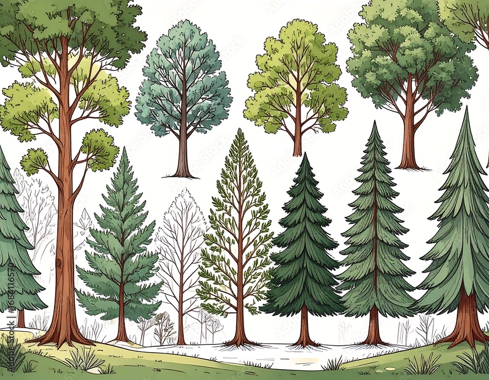 Fototapeta premium Colorful illustration showcasing a variety of trees, displaying their diverse shapes and sizes, set against a simple landscape background.