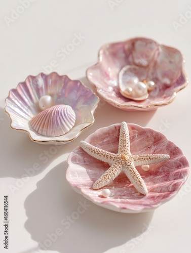 Three ceramic seashell trinket dishes, pink & iridescent, with pearls & starfish
