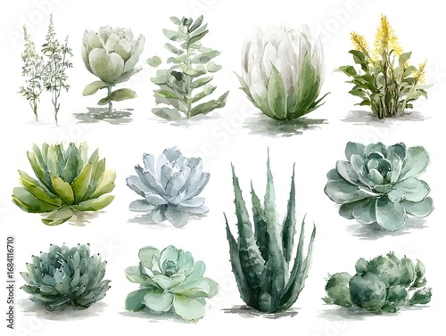 Watercolor succulents and flowers collection isolated on white background for botanical design work beautifully.