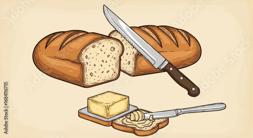 National date nut bread day september 8  illustration of bread loaf with butter and knife for breakfast food preparation and eating time vector