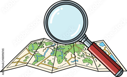 magnifying glass exploring detailed world map adventure planning, travel discovery