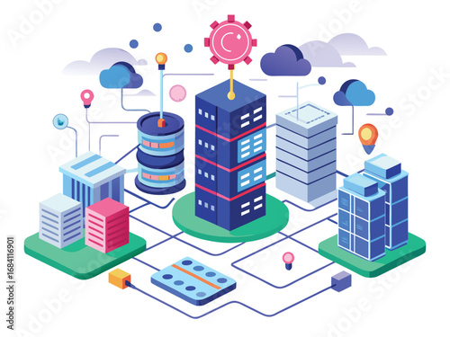 Futuristic data center network connecting cloud services and servers with digital information flow