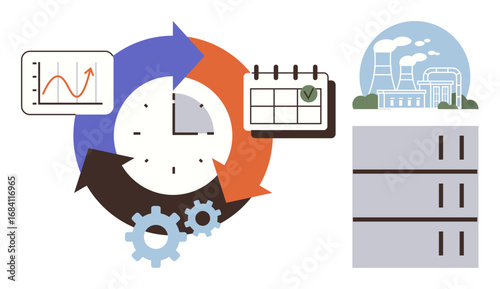 Clock with circular arrows, gears, chart, calendar, server tower, industrial plant. Ideal for time management, workflow, sustainability efficiency data processing automation industrial