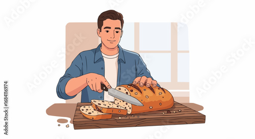 National date nut bread day september 8  man slicing homemade bread loaf with knife on wooden cutting board in kitchen for breakfast preparation vector