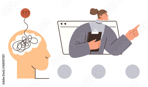 Woman holding clipboard pointing ahead, addressing a tangled thought bubble inside a human head. Ideal for problem-solving, mental health, leadership, guidance, creativity, focus, simple flat