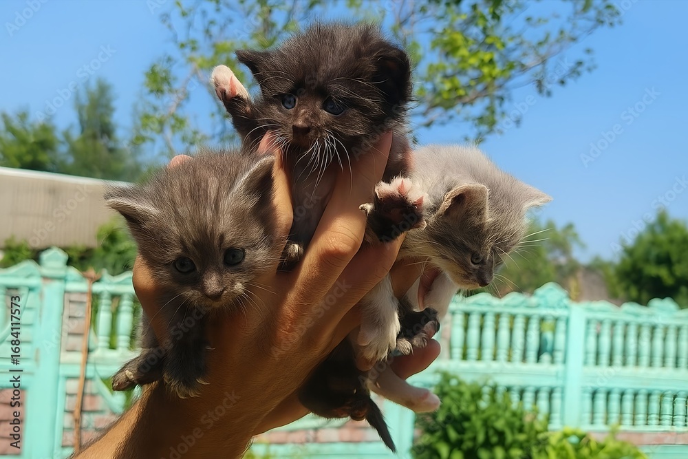 Obraz premium Three adorable kittens being held in a hand outdoors on a sunny day with green foliage in the background