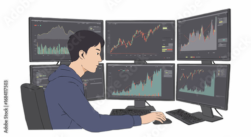 Focused Young Man Analyzing Stock Market Charts on Multiple Monitors, Isolated White Background