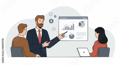 Group of business professionals discussing financial reports and charts during a collaborative meeting in a modern office, in a bright studio.