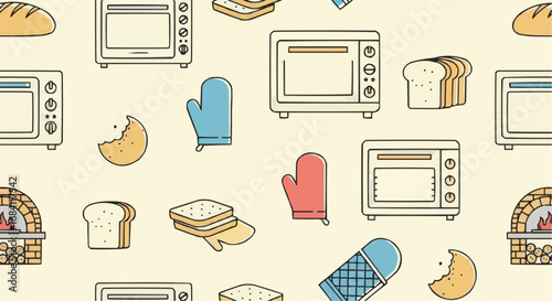 National date nut bread day september 8  seamless pattern of kitchen appliances for baking bread and cookies oven toaster oven mitts and oven gloves design vector