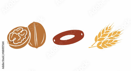 National date nut bread day september 8  illustration of healthy foods walnut date and wheat grains for nutrition and dietary concept design idea vector