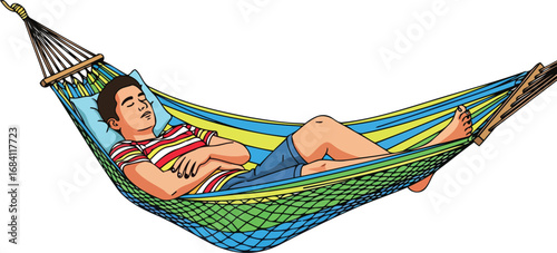 tranquil man sleeping in colorful striped hammock
