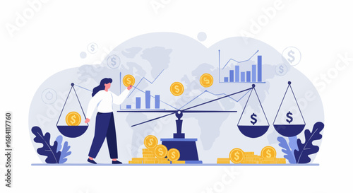 Woman balancing financial investments with golden coins on a scale, representing economic decision-making and value comparison in a bright studio.