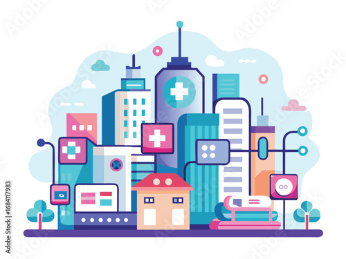 Modern smart hospital cityscape futuristic health technology buildings with digital interface