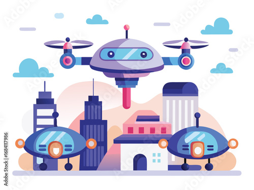 Futuristic police drones patrol a bright cityscape with modern architecture and floating clouds
