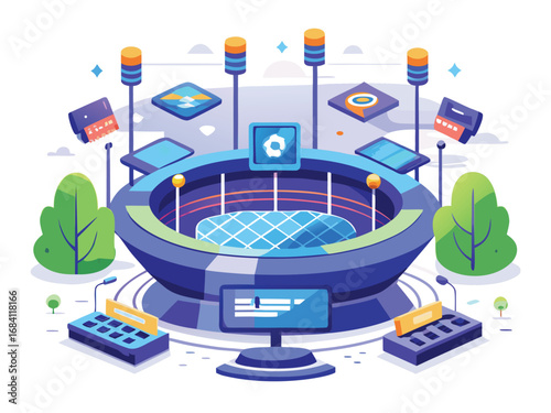 Futuristic smart stadium with advanced technology and entertainment features