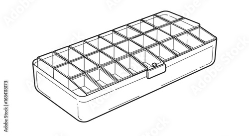 Pill organizer box. Clear storage box with multiple compartments for organizing items  