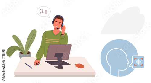 Man wearing a headset at desk, speaking into microphone with 24H cloud speech bubble. Ideal for customer support, communication, remote work, help desk, telemarketing, online service, simple flat