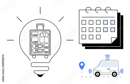 Luggage with compartments inside lightbulb, calendar with dates, and GPS-enabled car. Ideal for travel, organization, scheduling, innovation, journey logistics vacation. Simple flat metaphor