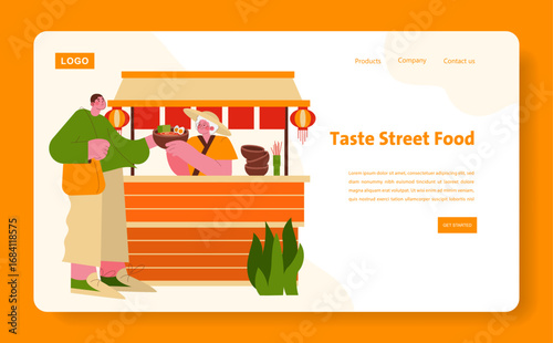 Street Food Vendor Serving Customer Vector Illustration