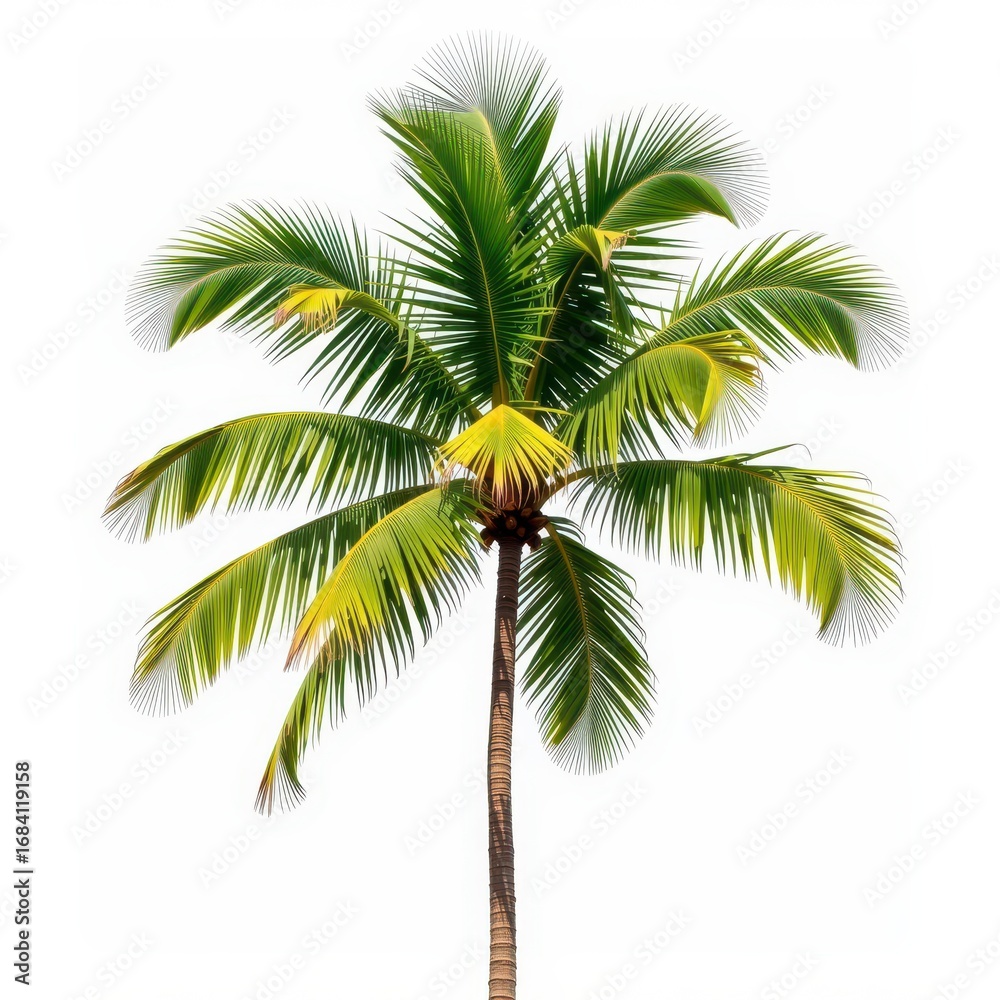 Fototapeta premium Lush green palm tree isolated on pure white background, perfect for tropical designs and summer themes, vacation, png, cutout