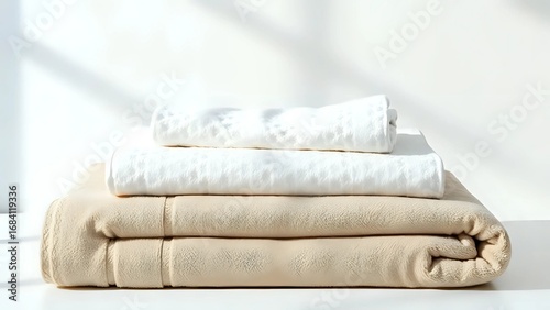 Soft Serenity: Stacked Cream and White Towels in Gentle Morning Light