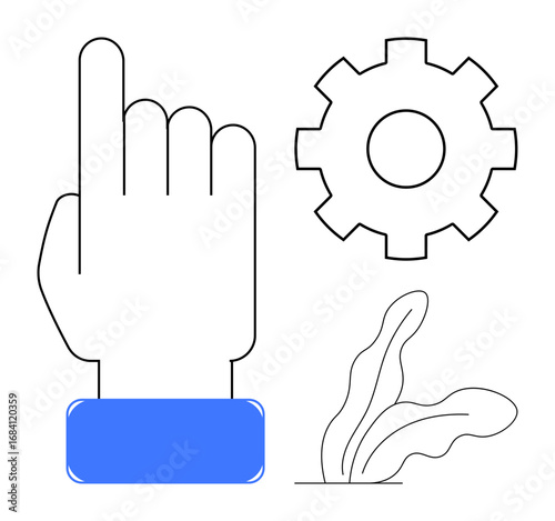 Hand pointing up with blue cuff, gear representing innovation, and abstract leaves symbolizing growth. Ideal for technology, progress, strategy, action, decision-making, innovation leadership