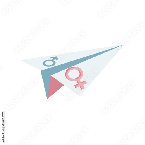 Paper plane with feminism female gender equality icons in flight