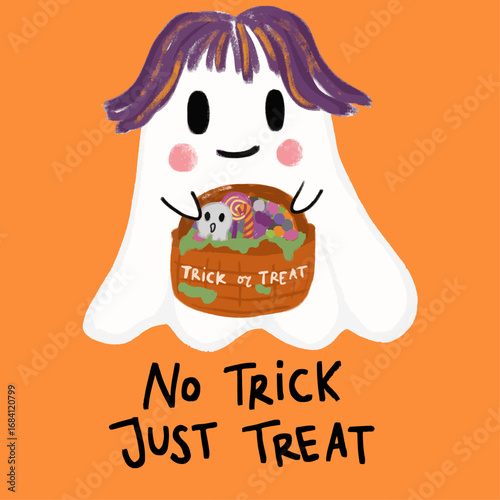 Cute chibi scary halloween white ghost holding trick or treat basket full of candy and sweets. Wearing purple orange wig hairs. No trick just treats funny quotes illustration icon clipart sticker