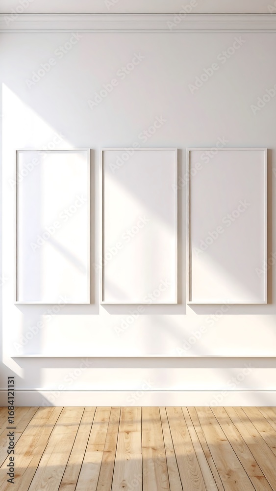Fototapeta premium Three empty white frames on a light beige wall, showcasing a bright and airy interior design.