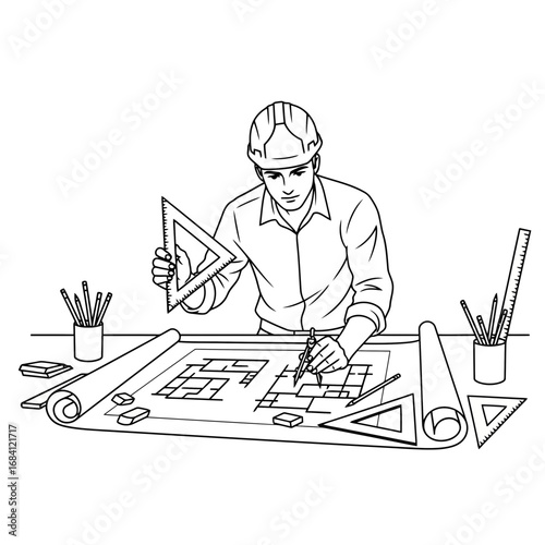 Architect drafting plans with tools silhouette isolated on white background
