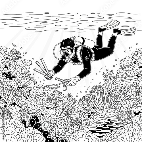 Scuba diver measuring coral reef in ocean silhouette isolated on white background