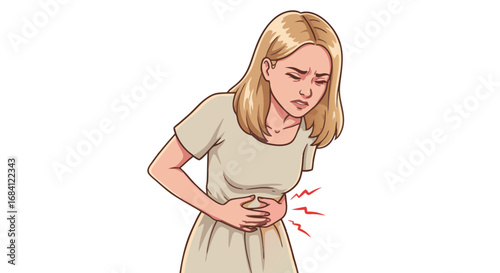 Woman holding her stomach. Young woman experiencing stomach pain while holding her abdomen  