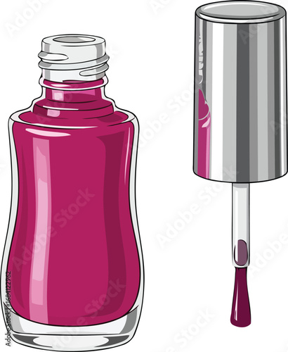 stylish magenta nail polish bottle and applicator brush manicure accessory illustration