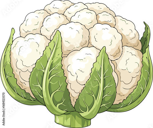 vibrant cauliflower illustration fresh vegetable with green leaves, detailed drawing of a healthy food