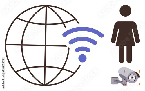 Globe with wireless signal, human figure, and CCTV camera signify tech-driven connectivity, privacy concerns, and global surveillance. Ideal for tech, cybersecurity, healthcare, IoT privacy global