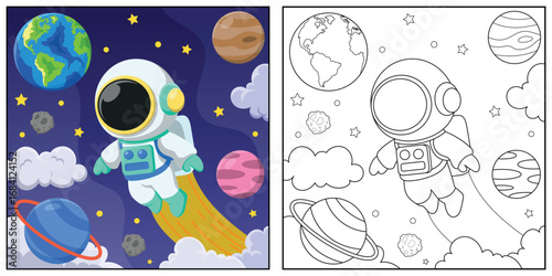 Cute astronaut in space planet around outline vector for children coloring page or book design.