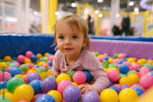 Happy Child Playing in Colorful Ball Pit at Indoor Play Center