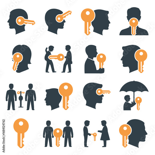Set of icons representing solutions ideas and access through keys and people silhouettes