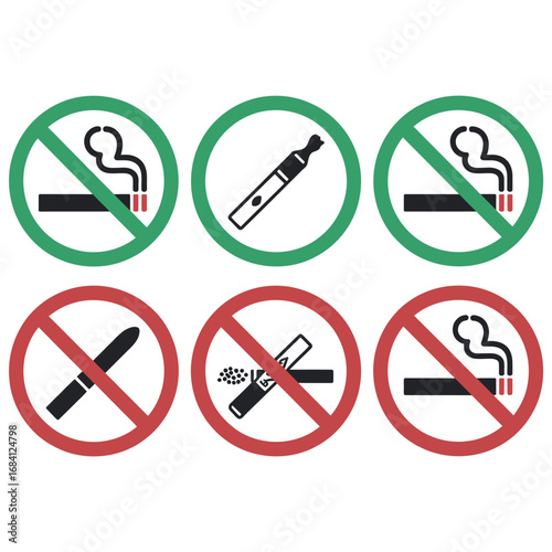 Collection of no smoking and no vaping signs in circles