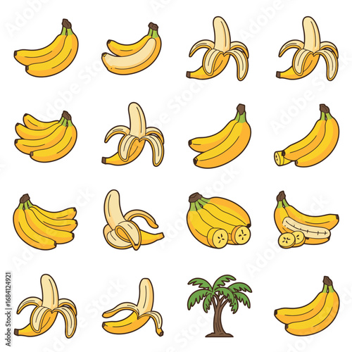 Collection of fresh yellow bananas in various stages of peeling and a banana tree