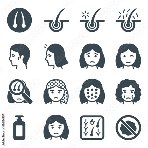Set of icons illustrating hair loss and scalp problems