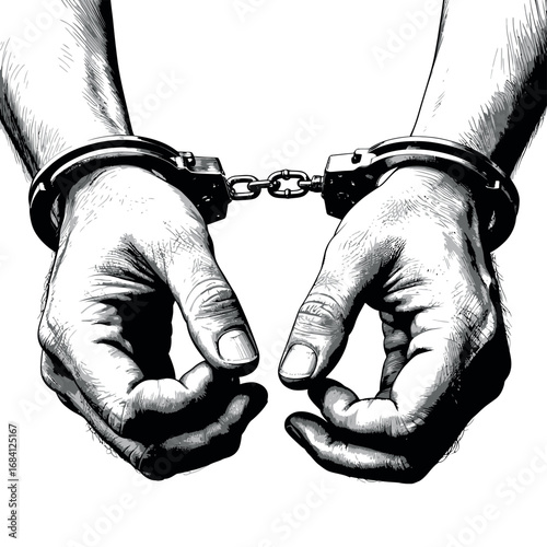 Close up of a person s hands cuffed together in black and white