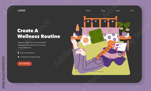 Woman Creating Wellness Routine on Bed Vector Illustration