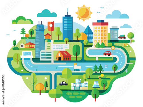 Vibrant eco-friendly cityscape with green spaces and sustainable transport options