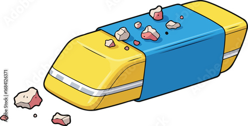 used yellow eraser with blue wrapper, pink crumbs, stationery supplies