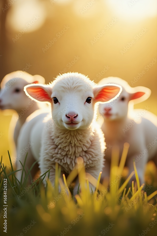 Obraz premium Adorable Lambs in Golden Sunlight A Springtime Meadow Scene